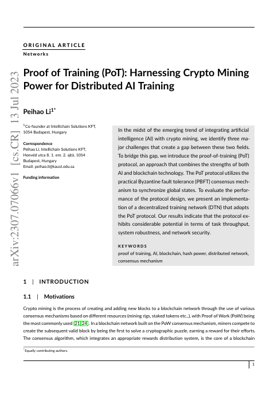 PDF Document Cover - Proof of Training (PoT): Harnessing Crypto Mining Power for Distributed AI Training